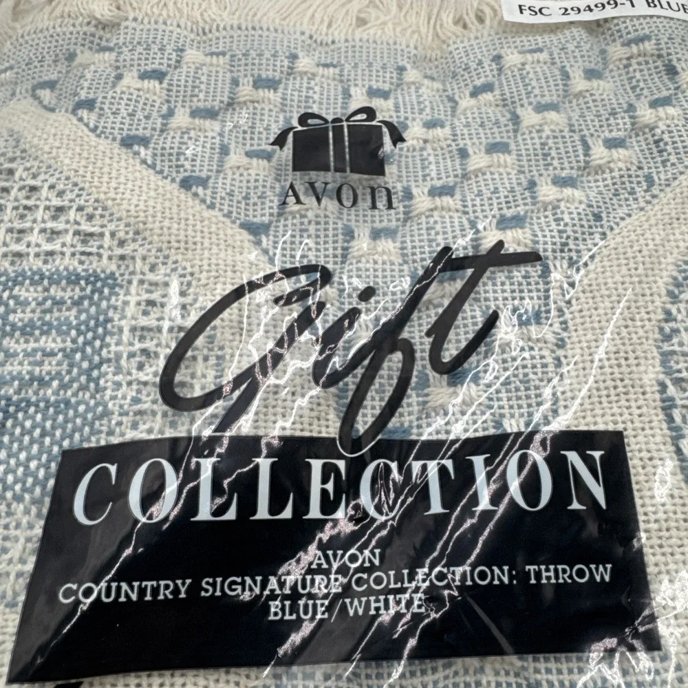Vintage Avon Afghan Woven Throw With Fringe Grandma Core Cottage hearts Blue NIB